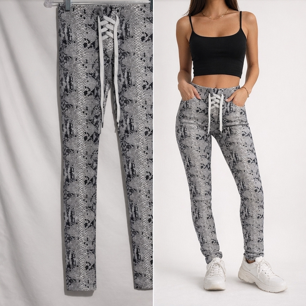 David Lerner Snake Print Lace-Up Flare Pants XS - Gray & Black Animal Print
